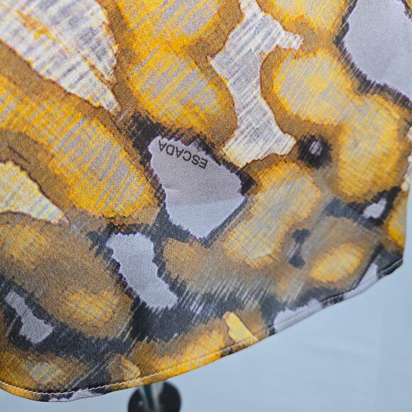 Escada 100% Silk Blouse Short Sleeve Gray Yellow Print Size 38 (fits like a 36) - Picture 5 of 7